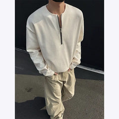 Threebooy New Men Slim Fit Half Zip Solid Color Round Neck Long Sleeve Tshirt Spring Base shirt Casual Streetwear Hot Sale Trend T shirt