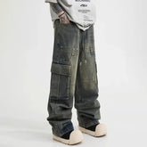 Threebooy Korean Style Large Pocket Workwear Jeans Retro Men'S Straight Leg Loose Wide Leg Pants High Street Hooligan Handsome Pants