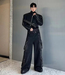 Threebooy Men's Black Zipper Denim 2-Piece Set