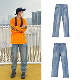 Threebooy Men's Good Quality Washed Straight Casual Pants Loose Dyed Letter Embroidered Baggy Homme Jeans Biker Denim Blue Trousers