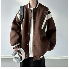 Threebooy Preppy Coat American Retro Contrasting Baseball Uniform Jacket Men's Autumn Winter Style Trendy Niche High-end O-neck Jacket