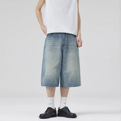 Threebooy Oversized Baggy Men's Denim Shorts Summer Fashion Retro Casual Loose Wide-leg Calf-length Jeans Harajuku Y2K Streetwear