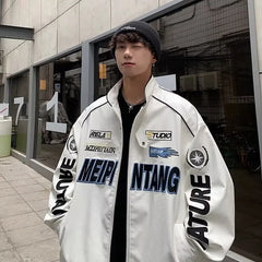 Threebooy Autumn Varsity Jacket Long Sleeve Motorcycle Jacket Racing Baseball Jacket Men Y2k Printed Casual Loose Coat