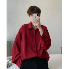 Threebooy Long sleeve shirt men Double Collar Ice Silk Shirt Men Vintage Wine Red Shirts Men Korean Comfortable Blouse Casual Loose Shirt
