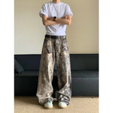 Threebooy American camouflage printed denim pants for men loose fit worn low waist wide leg casual pants