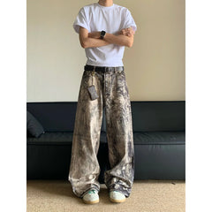 Threebooy American camouflage printed denim pants for men loose fit worn low waist wide leg casual pants