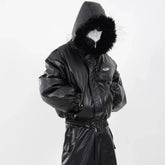 Threebooy Winter Niche Deconstructed Plush Pu Leather Cotton Jacket For Men Double-Layer Collar Design Loose Hooded Short Cotton Coat Men