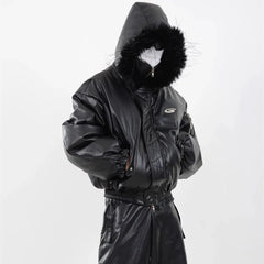 Threebooy Winter Niche Deconstructed Plush Pu Leather Cotton Jacket For Men Double-Layer Collar Design Loose Hooded Short Cotton Coat Men