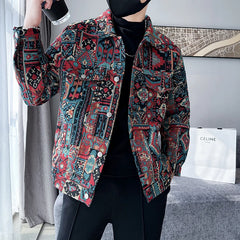 Threebooy Men Spring High Quality Printed Casual Denim Jackets/Male Jacquard Denim Jackets Man Slim Fit Coats