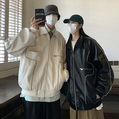 Threebooy American Vintage Up Leather Jacket  Autumn New Street Trend Lapel Coat Men Hip Hop Harajuku Punk Casual Loose Motorcycle Jacket