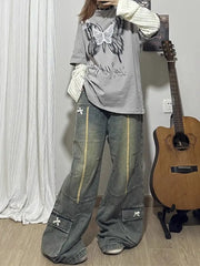 Threebooy Spring and Autumn New Men and Women Trendy Personalized Straight Tube Splicing Jeans for Couples Loose Retro Casual Pants