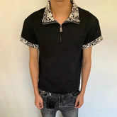 Threebooy Men Leopard Print Spliced Collar Half-Zip Short Sleeve T-Shirt Streetwear Casual Top Trendy Niche Summer New