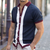 Threebooy Men's Light Luxury Business Knitted Polo Shirt Leisure Turn Down Collar Button Short Sleeve Shirts Breathable Patchwork Knitwear