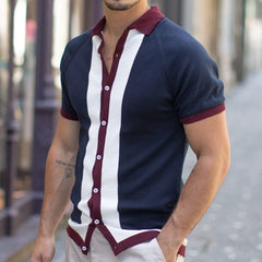 Threebooy Men's Light Luxury Business Knitted Polo Shirt Leisure Turn Down Collar Button Short Sleeve Shirts Breathable Patchwork Knitwear