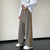 Threebooy Men's Fashion Trend Popular Casual Pants Elastic Waist Lattice Printing Sweatpants Loose Black/Brown Color Trousers M-5XL