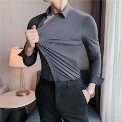 Threebooy Men's Long Sleeved Elastic Shirt No Ironing Business Wear Professional Workwear Stand Up Collar Shirt Casual Solid Color Shirt