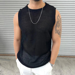 Threebooy Mens Hollow Knitted Sports Fitness Vest Casual Breathable Personality Fashion All-Match Solid Color Sleeveless Tank Top Summer