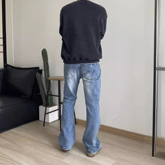 Threebooy American Style Vintage Light Blue Wash Distressed Jeans Men's Clean Fit Mid Waist Hip Hop Slim Fit Denim Pants