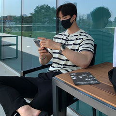 Threebooy Men's Clothing Leisure Luxury Knitted T Shirt Fashion O Neck Striped Short Sleeve Tees for Men Korean Popular Knitwear Summer