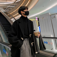 Threebooy Men Black Streetwear Button Jacket Overcoat Men Oversized Wool Blends Coat Winter Graphic Korean Fashion Trench Coat