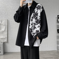Threebooy Spring Autumn Long Sleeve Print Shirt Man Black/White High Street Fashion Casual Button Patchwork Harajuku All-match Blouse