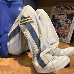 Threebooy American Street Trendy Fashion Striped Contrasting Colors Casual Pants Elastic Waist Drawstring Pockets Loose Straight Trousers