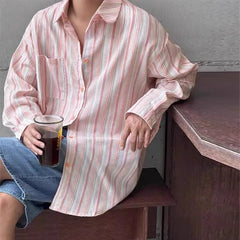Threebooy New Japanese Vintage Men Striped Shirts Luxury Casual Trendy Long Sleeve Cardigan Tops Fashion Leisure Macaron Sunscreen Blouse
