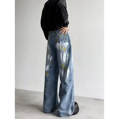 Threebooy Y2K Fashion Painting Graffiti Vintage Blue Baggy New Jeans Pants For Men Clothes Streetwear Hip Hop Denim Trousers
