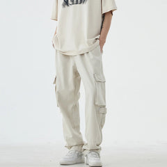 Threebooy Men Vintage Cargo Pants 2024 Spring Fashion Solid Pocket Simple Casual Loose High Street High Waist Male Straight Leg Trousers