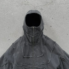 Threebooy American Retro Washed Denim Jacket Men Women Full Zip Hooded Outerwear Baggy Hip Hop Patchwork Jacket Goth Aesthetic Streetwear
