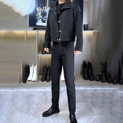 Threebooy Mens Jacket Trousers Sets Retro Brass Button Slim Jacket Streetwear Fashion Casual British Elegant Two-Piece Sets Men'S Clothing