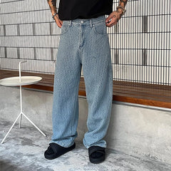 Threebooy Men's Vintage High Street Texture Premium Straight Leg Wide Loose Jeans Fashion Streetwear Korean Popular Leisure Trousers M-3XL