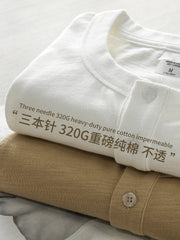 Threebooy 320G Heavyweight 100% Cotton Henley Neck T Shirt for Men Long-Sleeved Spring Autumn Casual Tops Solid Color Undershirts