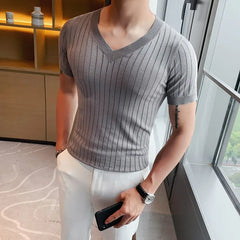 Threebooy Men's Summer Casual Knitting Ice Silk T-shirt/Male Slim Fit V-Neck Short Sleeve T-Shirt Slim Fit Tees Plus Size S-4XL