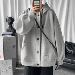 Threebooy Men's Fall Open-Front Hooded Sweatshirt Streetwear Loose Plain Top HK Vibe Harajuku Chic All-Match Outerwear