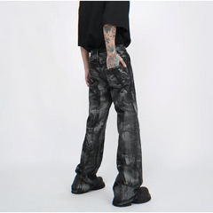 Threebooy High Street Washed Zipper Retro Jeans Men's Autumn New Style Micro Brushed Paint Tie Dye Pants