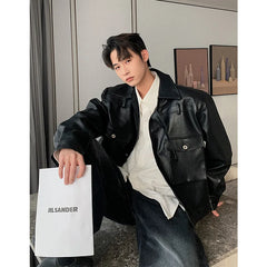 Threebooy Spring Autumn Leather Jacket Men's Short Style Trendy Handsome High Street Jacket Men's Shoulder Pad Design Motorcycle Top