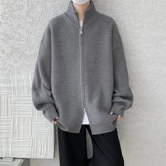 Threebooy Autumn Winter Stand Collar Zipper Sweater Men Streetwear Knitted Sweater Loose Solid Color Knitted Cardigan Coat 4 Colors