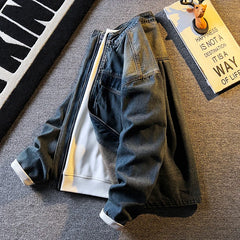 Threebooy Spring Autumn Old Blue Loose Large Pocket Stand Collar Denim Jacket Men's Retro American High Street Zipper Jacket Top Urban