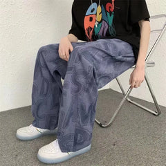 Threebooy Corduroy Wide Pants Men Fashion Letters Baggy Straight Trousers Oversized Casual Bottoms Ins Vintage Male Y2K Clothes Streetwear