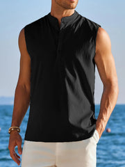 Threebooy Men's Casual Hippie Style Collarless Henley Neck Tank Tops Streetwear Solid Color Loose Fit Tees Summer Clothing New T-shirt