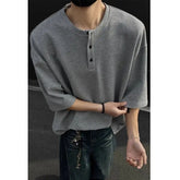 Threebooy American Cleanfit Shirt Henry Neck Waffle Short-sleeved Blouse Men's Summer Retro T-shirt High-end Gray O-neck Half Button Shirt