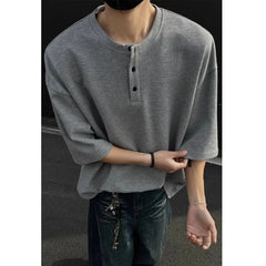 Threebooy American Cleanfit Shirt Henry Neck Waffle Short-sleeved Blouse Men's Summer Retro T-shirt High-end Gray O-neck Half Button Shirt