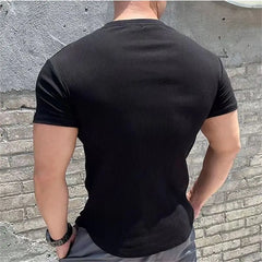 Threebooy Sports Short-sleeved Men's Texture Solid Color Striped Slim Tights Elastic Quick-drying Running Fitness T-shirt Base