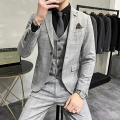 Threebooy Mens 2 Piece Set Suits One Button Slim Fit Luxury Style Wedding Youth Business Casual Formal Plaid