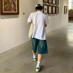 Threebooy Summer Men's Loose Distressed Denim Shorts Wide Leg Straight Five Point Mid Knee Length Jeans Shorts