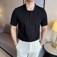 Threebooy Advanced Sexy V-neck Men's Long Sleeved Shirt Designer Stand Up Collar Shirt Business Social Slim Fit Black and White Top