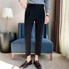 Threebooy British Style Autumn New Solid High Waist Trousers Men Formal Pants High Quality Slim Fit Business Casual Suit Pants Hommes