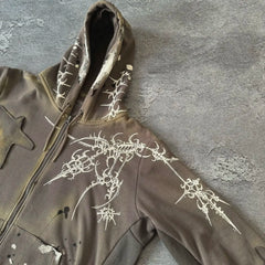 Threebooy Y2k Hooedis Gothic Star Pattern Patchwork Zip Up Hoodie PullovervHarajuku Casual Men and Women Sweatshirt Hoodie Tops Streetwear
