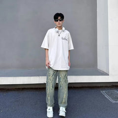 Threebooy Y2K Streetwear Cross Patchwork Baggy Stacked Jeans Pants For Men Clothing Straight Old Denim Trousers Pantaloni Uomo